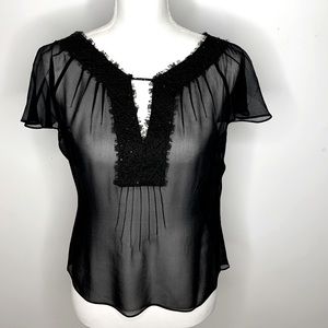 Sheer Black 100% Silk Blouse, BCBGMaxAzria, Lace & Beading, Flutter Sleeves, 12